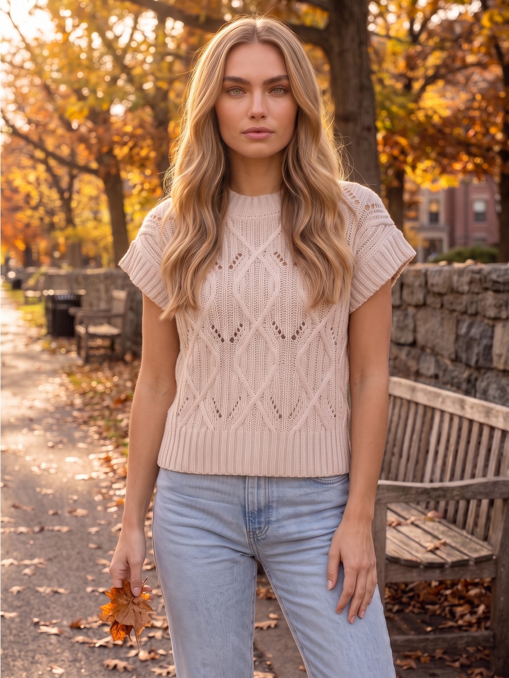 Zenana Outfitters Cream Cable-Knit Short Sleeve Crew Sweater